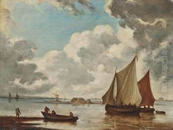 Shipping In Calm Waters With Fishermen Bringing In Their Nets Oil Painting by Jan Van De Capelle