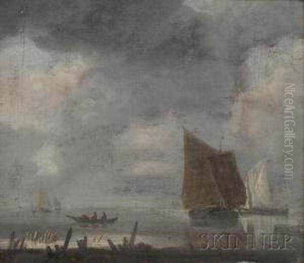 Shore Scene With Sailing Vessels Under Gray Skies Oil Painting by Jan Van De Capelle