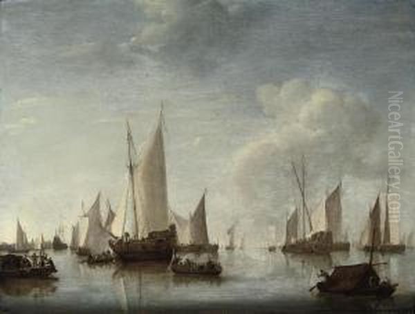 An Official Party Boarding A States Yacht At Anchor In A Harbour,with Another States Yacht And Other Vessels And A Port Citybeyond Oil Painting by Jan Van De Capelle