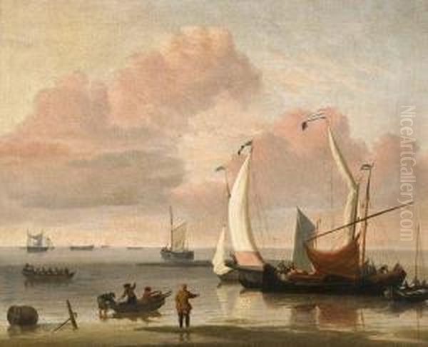 Bateaux Sur Un Rivage Oil Painting by Jan Van De Capelle