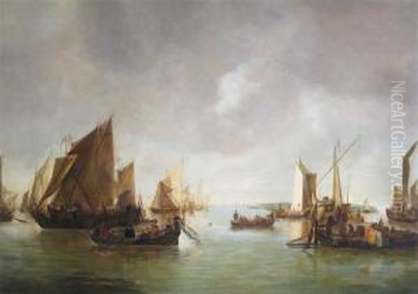 A Busy Estuary With Numerous Vessels And An Elegant Company In A Lighter Oil Painting by Jan Van De Capelle