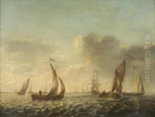 Off The Dutch Coast, With Men O'war, Fishing Boats And Sailing Barges In Calm Waters Oil Painting by Jan Van De Capelle