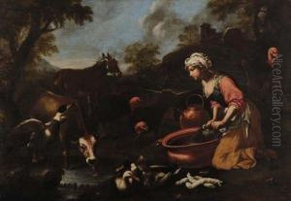 Lavandaia Con Armenti Oil Painting by Jacob van der (Giacomo da Castello) Kerckhoven