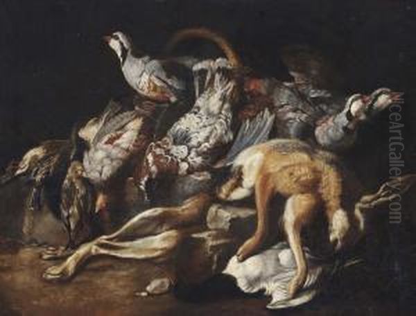 A Dead Hare, Partridges And Other Game On A Stone Ledge Oil Painting by Jacob van der (Giacomo da Castello) Kerckhoven