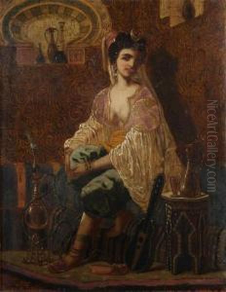 Musician In Oriental Interior Oil Painting by Jan Van De Kerkhove