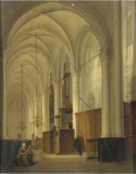 Figures In A Exalted Church Interior Oil Painting by Bernardus Van De Laar