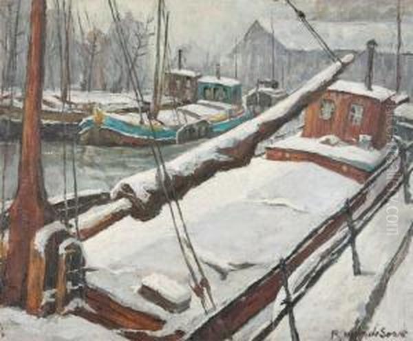 Moored River Boats In Winter Oil Painting by Rene Van De Sande