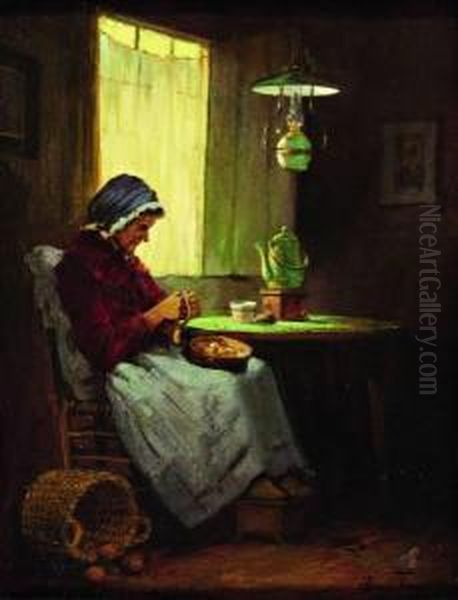 Aardappelschillende Vrouw In Interieur Oil Painting by Lammert Van Der Tonge