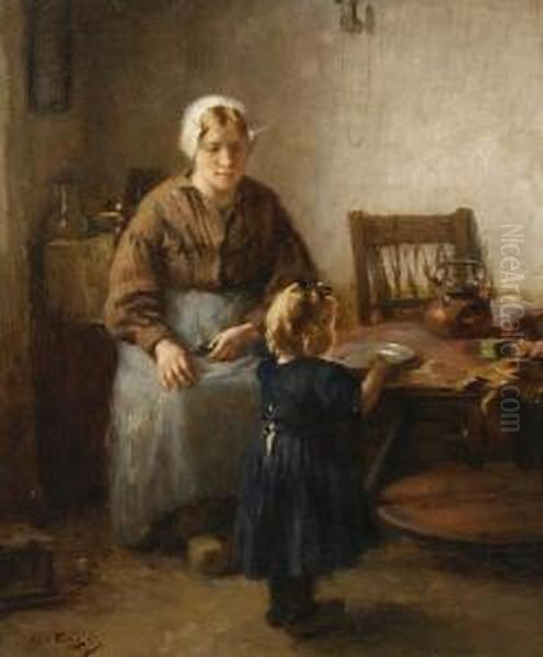 Mother And Child In A Kitchen Interior Oil Painting by Lammert Van Der Tonge