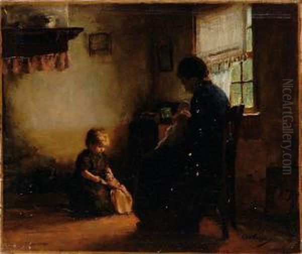 Home With Mother Oil Painting by Lammert Van Der Tonge