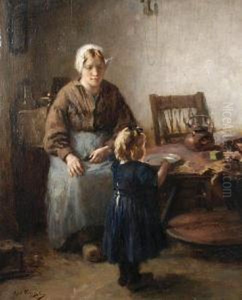 Mother And Child In A Kitchen Interior Oil Painting by Lammert Van Der Tonge