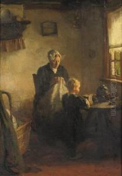 Mother And Child In A Dutch Interior Oil Painting by Lammert Van Der Tonge