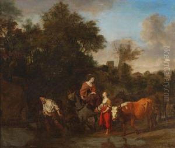 An Italianate Landscape With Figures Herding Cattle Oil Painting by Adrian Van De Velde