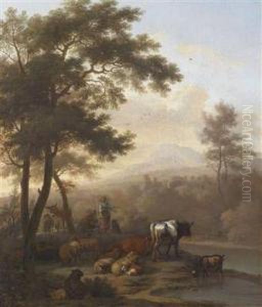 A Southern Landscape With Resting Cattle Oil Painting by Adrian Van De Velde