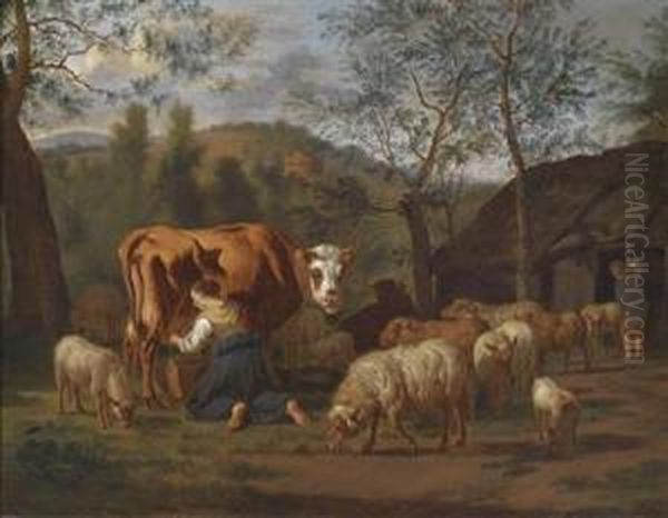 A Maid Milking A Cow And Goats Outside A Shed Oil Painting by Adrian Van De Velde