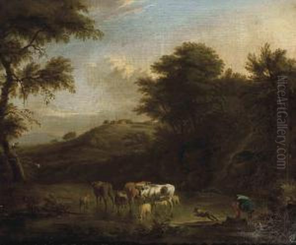 A Wooded River Landscape With A Drover And His Cattle Oil Painting by Adrian Van De Velde