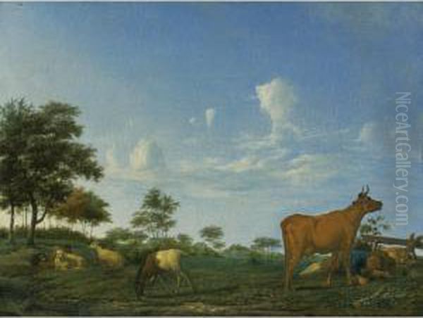 A Cow, Sheep And Goats In A Meadow With A Shepherd Asleep Oil Painting by Adrian Van De Velde