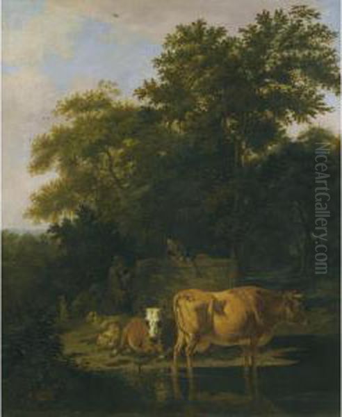 A Wooded Landscape At Dusk, With Two Herdsmen A Dog, Sheep And Cattle Oil Painting by Adrian Van De Velde