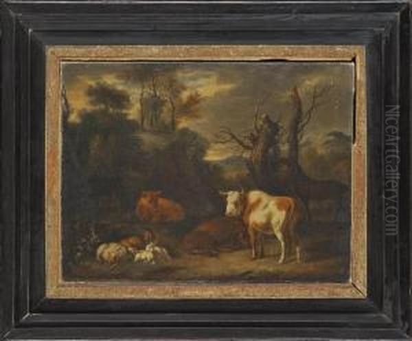 A Wooded Landscape With Grazing Cattle, Sheep And A Horse Oil Painting by Adrian Van De Velde