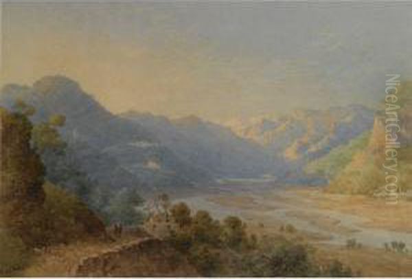 Travellers On Horseback In A Mountainous Landscape With Awaterfall Oil Painting by Charles W. Meredith Van De Velde