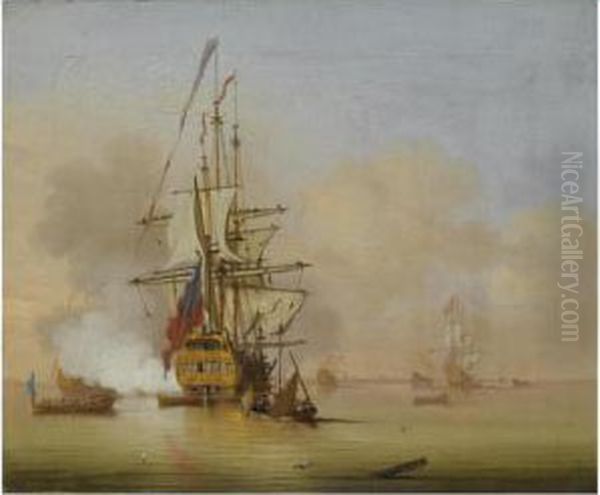 A Small English Man-o' War Firing A Salute With Small Boatsnearby Oil Painting by Cornelis van de Velde