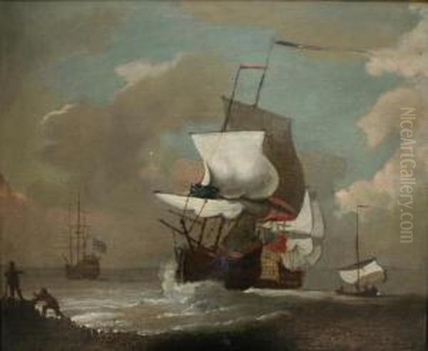 Vessels In Coastal Waters Oil On Canvas 44 X 52.5cm Oil Painting by Cornelis van de Velde