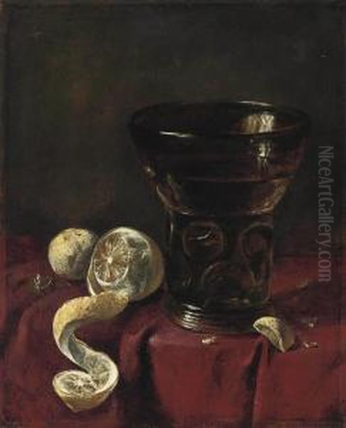 A Roemer, A Partly-peeled Lemon And A Walnut On A Draped Table Oil Painting by Jan I Van De Velde