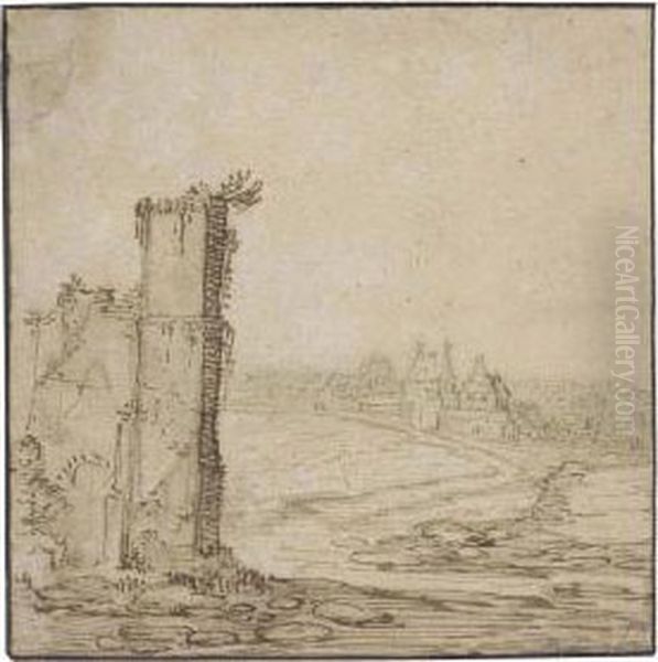 A Ruined Tower In A Landscape Oil Painting by Jan Jansz. Van De Velde