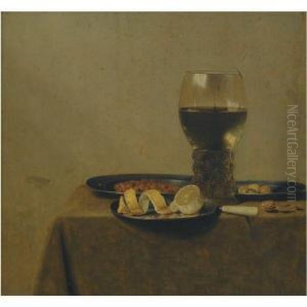 A Still Life Of A Peeled Lemon, Nuts And Olives On Pewter Plates,and A Roemer Filled With White Wine, All On A Table Covered With Acloth Oil Painting by Jan III van de Velde