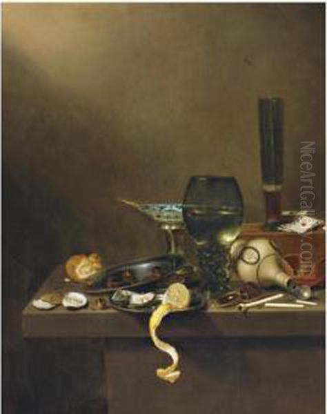 Still Life With A Beer Glass And Playing Cards On A Wooden Box,with A Large Roemer, A Brazier, A Pipe, A Stoneware Tankard On Itsside, A Bread Roll, Oysters And Other Objects Arranged On The Ledgebeneath Oil Painting by Jan III van de Velde