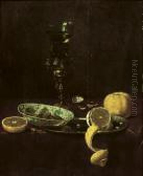 A 'kraak' Porcelain Bowl Resting On A Pewter Plate With A Peeled Lemon, An Orange And Nuts Near A 'roemer' On A Gilt Stand Oil Painting by Jan III van de Velde