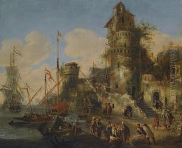 A Mediterranean Harbour Capriccio Oil Painting by Willem van de, the Elder Velde