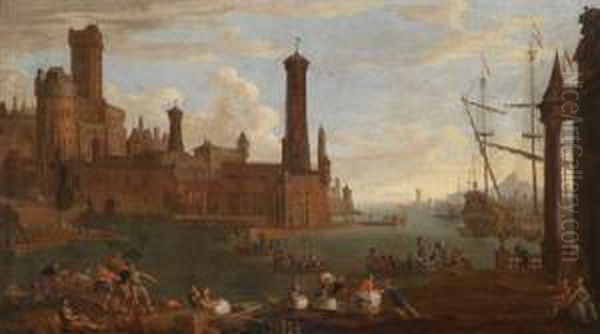 A Southern Seaport With Numerousfigures Oil Painting by Willem van de, the Elder Velde