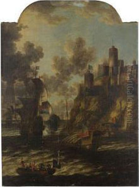 Boats Passing A Fortified Town Oil Painting by Willem van de, the Elder Velde