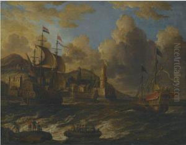 Dutch Ships At Sea Off The Coast Of A Fortified Town Oil Painting by Willem van de, the Elder Velde