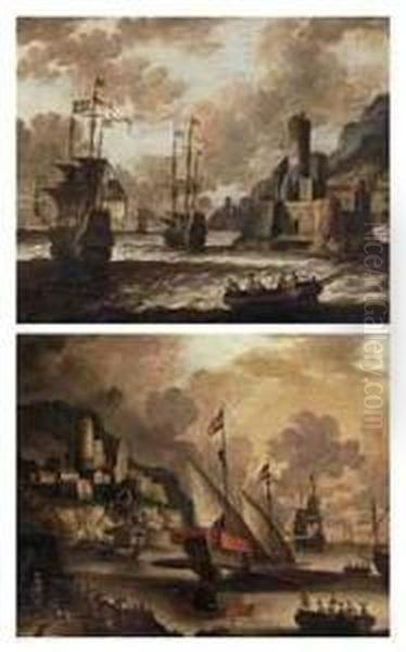 Dutch And English Man O'war Off The Coast Near A Fortified Town;and Galley's And Other Ships At Anchor In A Natural Harbor Near Afortified Town Oil Painting by Willem van de, the Elder Velde