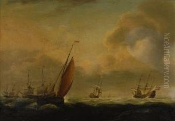 Vessels In A Stiff Breeze Oil Painting by Willem I Van De Velde