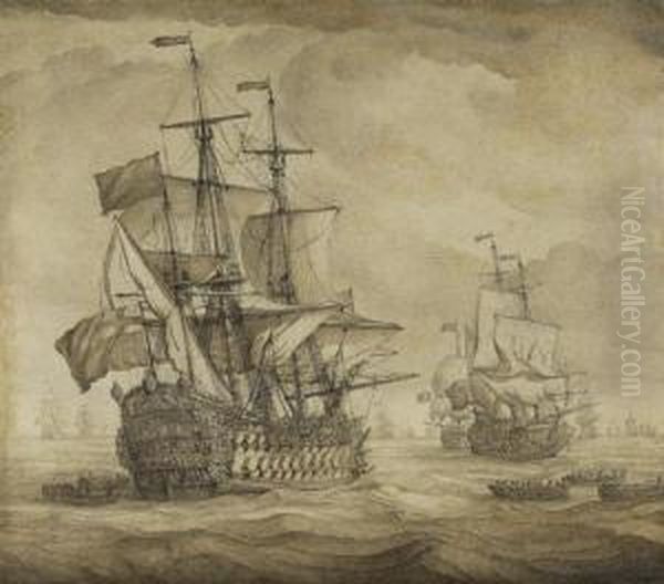 Englische Kriegsschiffe Oil Painting by Willem I Van De Velde