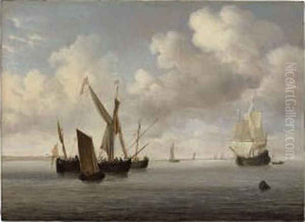 A Galjoot And A Smalschip At Anchor Approached By A Small Kaag Oil Painting by Willem van de, the Elder Velde