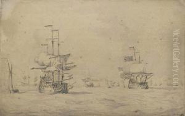 A Fleet Of Men O' War In A Stiff Breeze Oil Painting by Willem van de, the Elder Velde