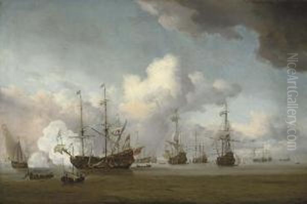 A Fleet Of Dutch Men-o'-war At Anchor Oil Painting by Willem van de, the Elder Velde