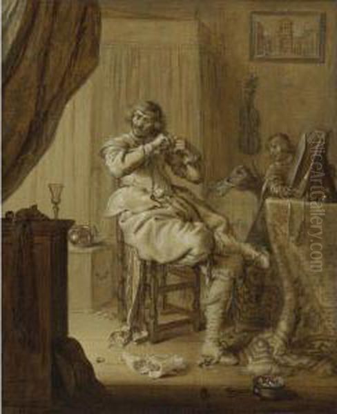 A Cavalier At His Toilet, Possibly A Self Portrait Oil Painting by Adriaen Pietersz. Van De Venne