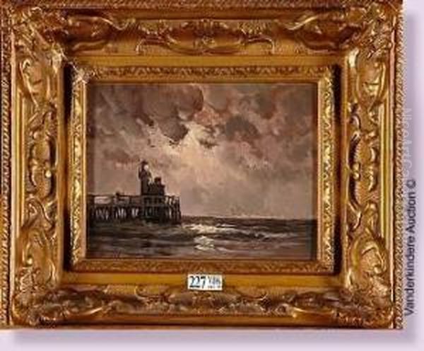 Estacade Le Soir A Blankenberge Oil Painting by Paul Van De Venne