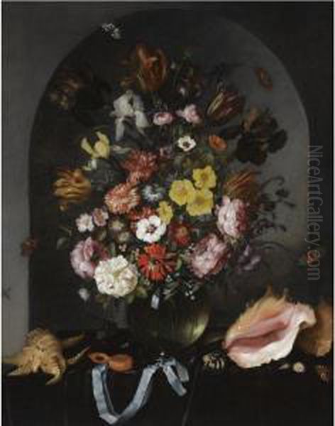 Still Life Of Roses, Tulips, Irises And Other Flowers In A Glass Vase, With Butterflies, Sea Shells And A Pocket Watch, All Arranged In A Stone Niche Oil Painting by Pieter Van De Venne