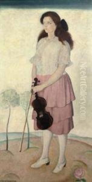 Adrienne De Zutter: Adrienne With A Violin Oil Painting by Gustave Van De Woestijne