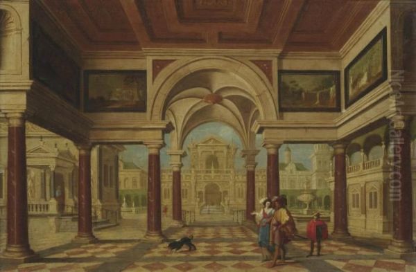 An Architectural Capriccio With An Elegant Couple Before A Courtyard Oil Painting by Dirck Van Delen