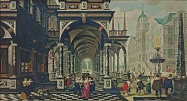 A Palace Arcade With Numerous Elegant Figures Conversing Andplaying Games Oil Painting by Dirck Van Delen