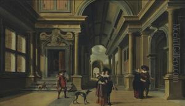 Elegant Figures In A Courtyard Oil Painting by Dirck Van Delen