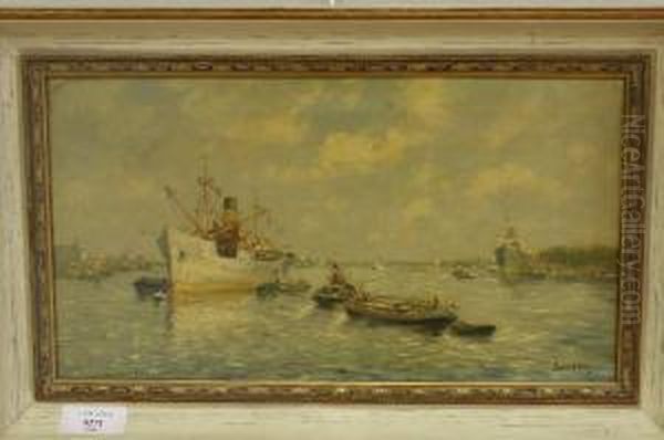 Zicht Op Rotterdamse Haven Met Oceaanstomer En Sleepboot Oil Painting by J. Van Delden