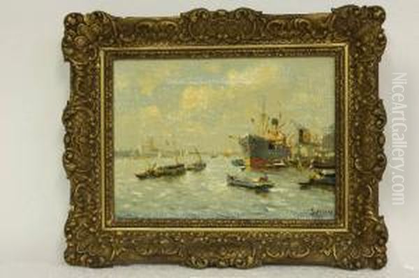 Bedrijvigheid In De Rotterdamse Haven Oil Painting by J. Van Delden